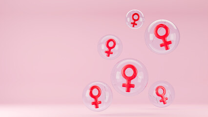 Feminism concept. Red venus symbol in cracked bubbles. 3d rendering.