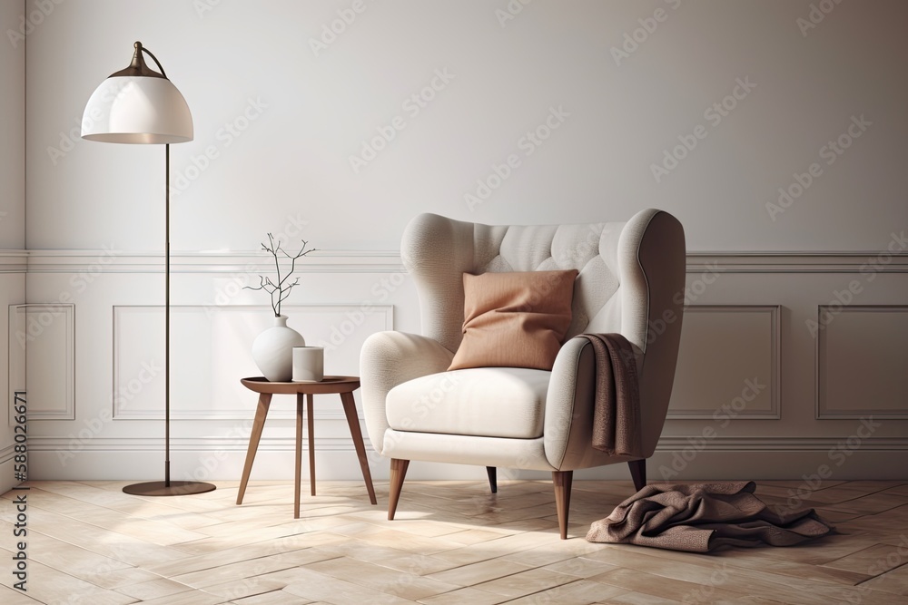 Wall mural cozy living room with a modern armchair and a stylish lamp. generative ai