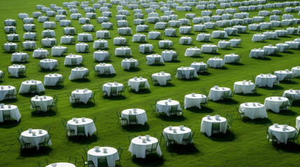 many White Round tablecloth tables on green filed Generated AI