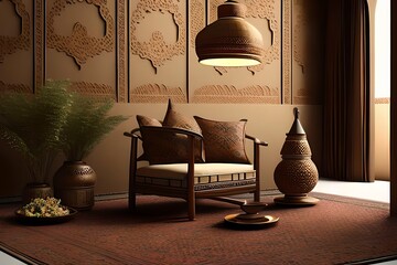 Arabic or Islamic style interior, Rattan Chair, Table, Lamp, Dried Flowers Vases with Patterned Floor