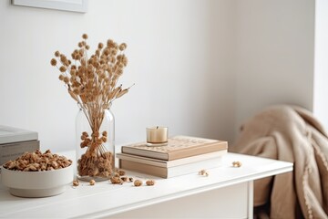 minimalist white table decorated with a vase of dried flowers. Generative AI