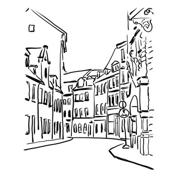 Hand-Drawn Vector Illustration of an Old Town Street. hand-drawn sketch on white background