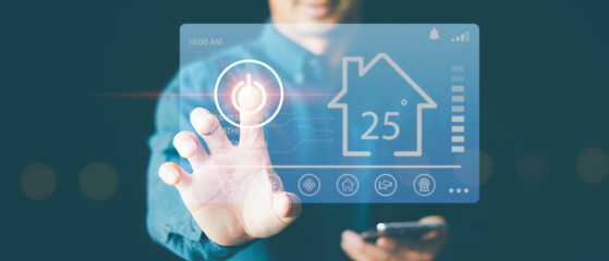 Smart home technology interface with finger-touching home automation button on virtual screen dashboard. Wireless connection between smart devices, Internet of Things  IoT, and Systems Security