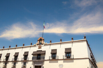 Queretaro City Mexico downtown Plaza Independencia with mexico flag