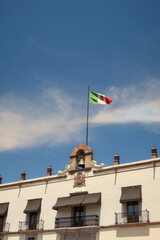 Queretaro City Mexico downtown Plaza Independencia with mexico flag