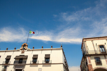 Queretaro City Mexico downtown Plaza Independencia with mexico flag