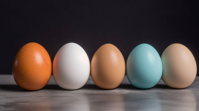 sorted five shades of egg. different colors of egg sorted in a row Generated AI