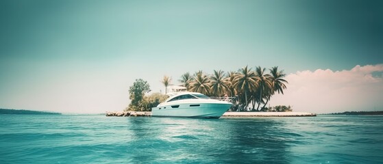 Luxury Yacht near a Private island with Palms