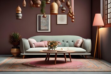 Arabic or Islamic style interior, Rattan Chair, Table, Lamp, Dried Flowers Vases with Patterned Floor