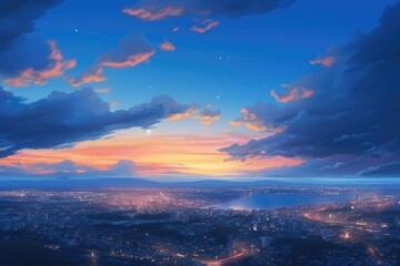 街のはずれの丘の上から見た、黄昏時の入道雲のある空と夕日