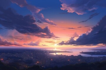 街のはずれの丘の上から見た、黄昏時の入道雲のある空と夕日