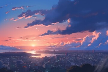 街のはずれの丘の上から見た、黄昏時の入道雲のある空と夕日