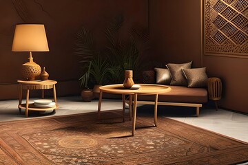 Obraz premium Arabic or Islamic style interior, Rattan Chair, Table, Lamp, Dried Flowers Vases with Patterned Floor