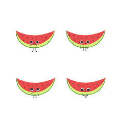Set of watermelon with cute funny happy and sad faces, different emotions of cartoon summer fruit, isolated illustration on white background, pack for design