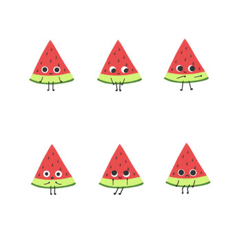 Set of watermelon with cute funny happy and sad faces, different emotions of cartoon summer fruit, isolated illustration on white background, pack for design