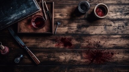 Fototapeta na wymiar Bloody crime scene, background, knives, generative AI