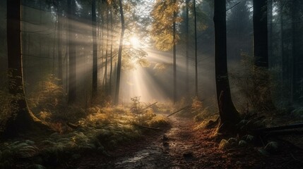 A cloudy and misty morning in a forest with rays of sunlight shining through. Generative AI