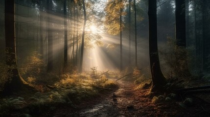 Obraz premium A cloudy and misty morning in a forest with rays of sunlight shining through. Generative AI