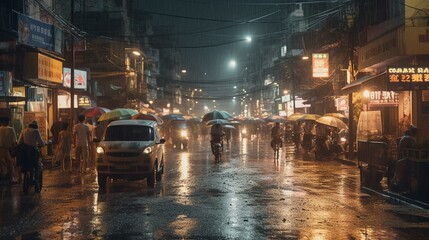 Fototapeta na wymiar A city street at night during a heavy rainstorm, with cars and people hurrying along. Generative AI