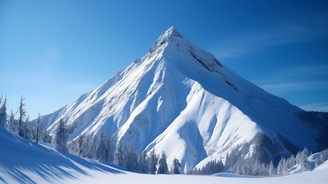 A snow-covered mountain peak with a bright blue sky above. Generative AI