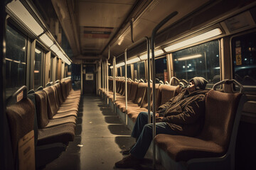 Fototapeta premium Waiting Alone: Homeless at Public Transportation Station. An illustration of a homeless person waiting for public transportation, highlighting their vulnerability and isolation. Ai generated.
