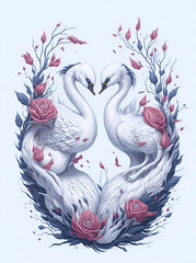 Vintage swans romantic cartoon. AI generated illustration