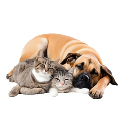 cats and dog sleep together isolate on background