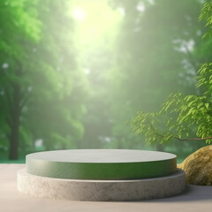 eco template for a banner with a marble podium on natural green forest background with leaves for the empty show for packaging production presentation, showcase