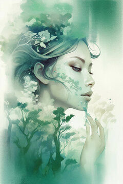 woman and green landscape, nature, leaves, beautiful face illustration, watercolor	