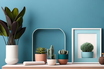 Modern room decoration with picture frame mockup. White shelf against multi color wall with pottery and succulent plant