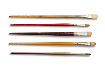 Set of various size used paintbrushes isolated on a transparent background, PNG. High resolution.