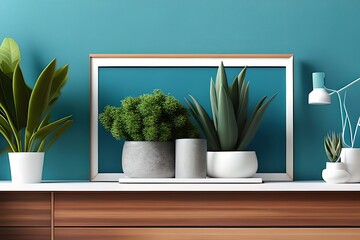 Modern room decoration with picture frame mockup. White shelf against multi color wall with pottery and succulent plant