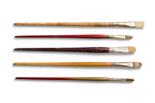 Set of various size used paintbrushes isolated on a transparent background, PNG. High resolution.