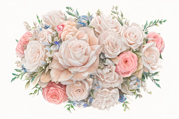 delicate pink bouquet of roses in the style of watercolor painting, a bouquet of roses on a white background in the style of vintage watercolor, generative ai