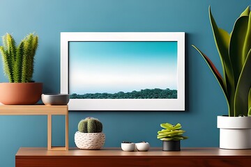 Modern room decoration with picture frame mockup. White shelf against multi color wall with pottery and succulent plant
