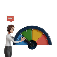 3d illustration of A businesswoman holds the Risk meter to be at a low level of investment risk