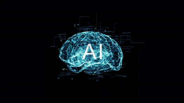 Motion graphic of 3D blue particle brain logo with artificial intelligence (AI) and grid line with technology icon rotation on black background abstract background concept