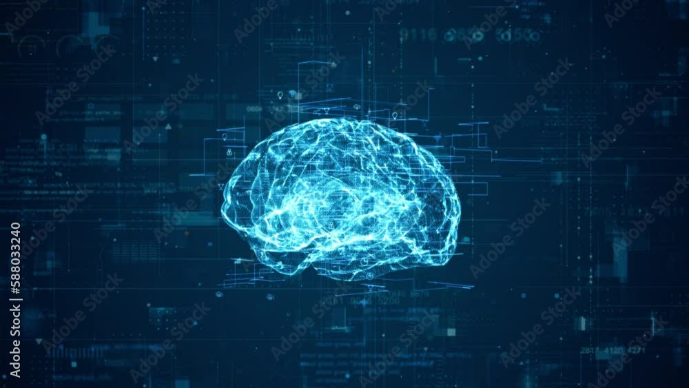 Poster motion graphic of 3d blue particle brain logo with grid line and technology icon rotation on futuris