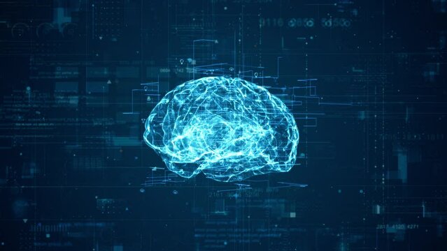 Motion graphic of 3D blue particle brain logo with grid line and technology icon rotation on futuristic HUD background abstract background concept