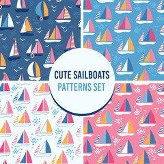 Obraz na płótnie Canvas Colorful kids style marine prints with sailboats. Cute sweet seamless patterns with decorative stylized boats art. Childish colorful collection for textile. Repeated graphic yacht. Ocean background
