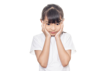 Young Asian girl is ear pain isolated on white background with clipping path.
