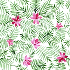  watercolor seamless pattern with tropical flowers and leaves. palm leaves on white background © Татьяна Гончарук