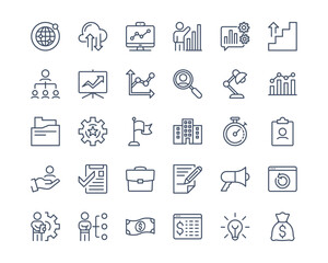Simple set of Finance and business icon set. Contains such Icons as Info graphic, Cloud, Briefcase , Document, Money.