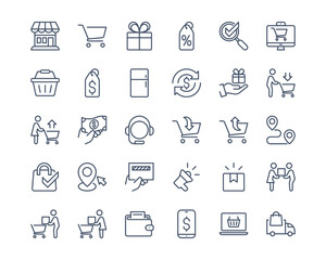Simple set of Shopping icon set. Contains such Icons as Shop, Trolley, Payment , Wallet, Discount.