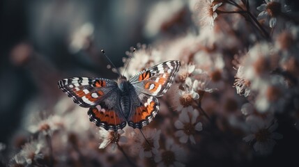 Fototapeta na wymiar an orange and black butterfly sitting on a flower branch with white flowers in the background. generative ai