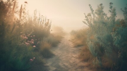 Fototapeta na wymiar a foggy path leading to a field with flowers in the foreground. generative ai