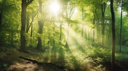 Fototapeta na wymiar a sunbeam shines through the trees in a green forest. generative ai
