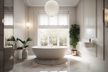 Fototapeta na wymiar a large white bath tub sitting in a bathroom next to a window. generative ai