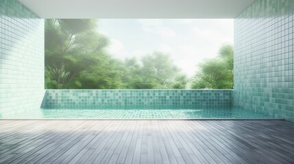 Contemporary Swimming Pool Exterior Featuring a Blank White Wall, Wooden Floor, and a Fresh Green Living Pool. Generative AI