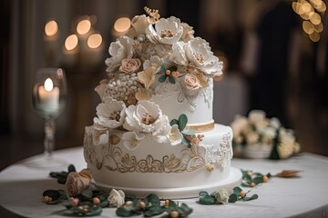 Obraz na płótnie Canvas Celebrate the Big Day with the Elegant Design of a Wedding Cake: Stunning Style, Sweet Pastry, and Tying the Knot, Generative AI